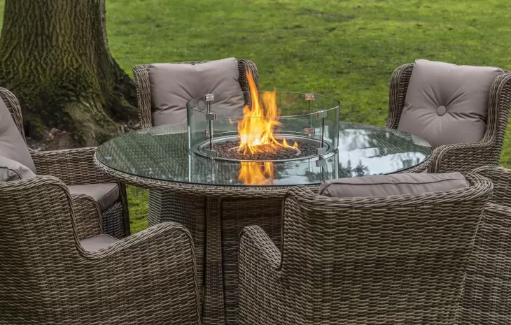 Seville 6 Seat Dining Round Fire Pit Set in Natural | Katie Blake (Free Cover) - NTC Homes, Inc.