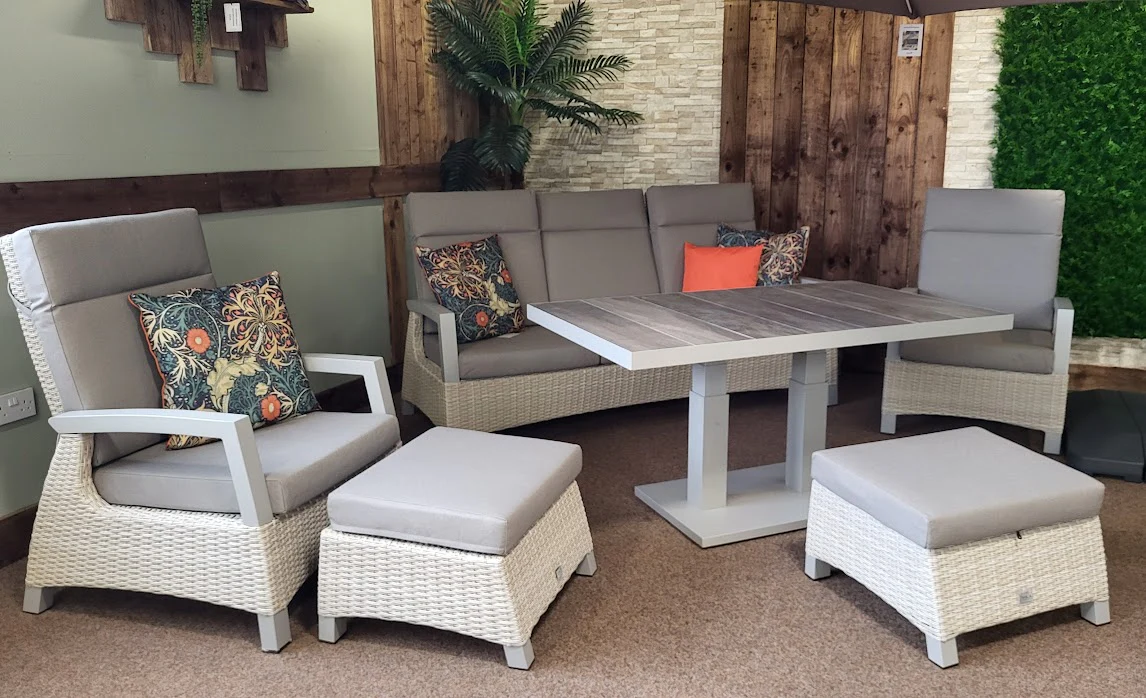 Outdoor Reclining Lounge Set with 140cm Rising Table - All Weather - ECRU/Natural | Kendal by Vila - NTC Homes, Inc.