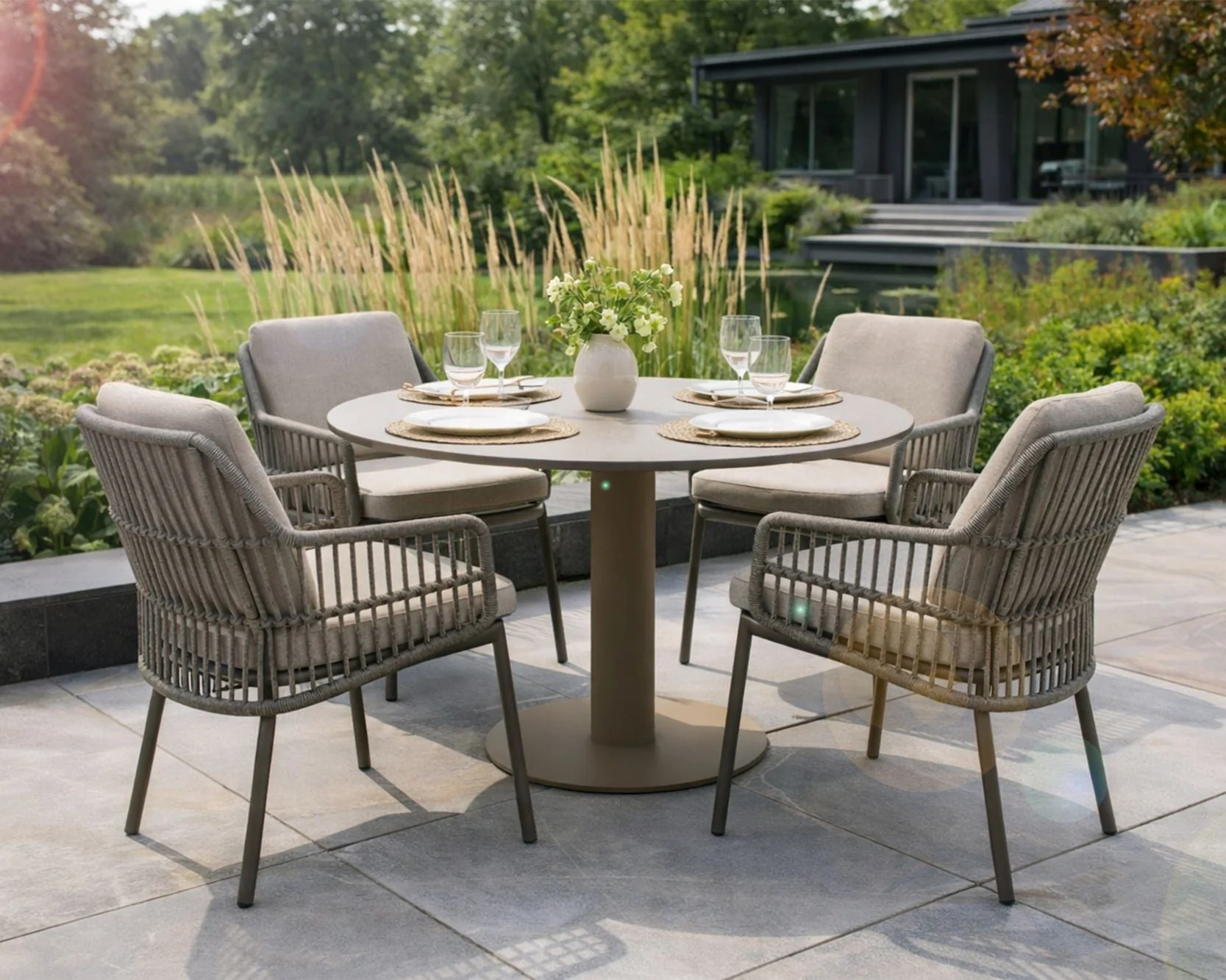 Alicante 4 Seat Dining Set with Sarah Table in Terre | 4 Seasons Outdoor - NTC Homes, Inc.