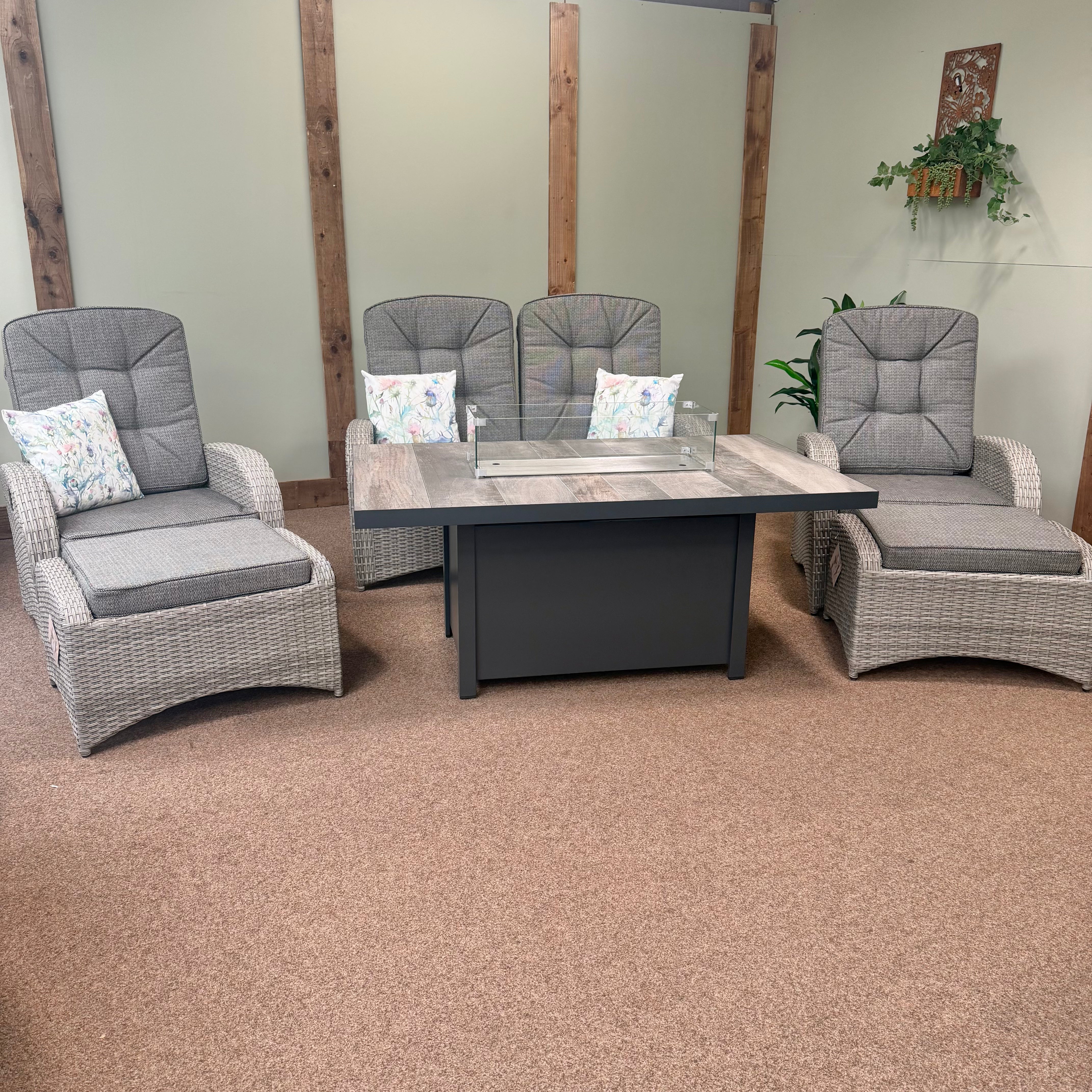 Reclining Lounge Set with Firepit in Grey | Bowness By Vila - NTC Homes, Inc.