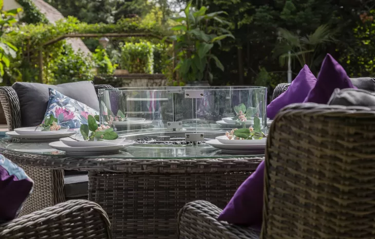 Seville 6 Seat Dining Round Fire Pit Set in Grey | Katie Blake (Free Cover) - NTC Homes, Inc.