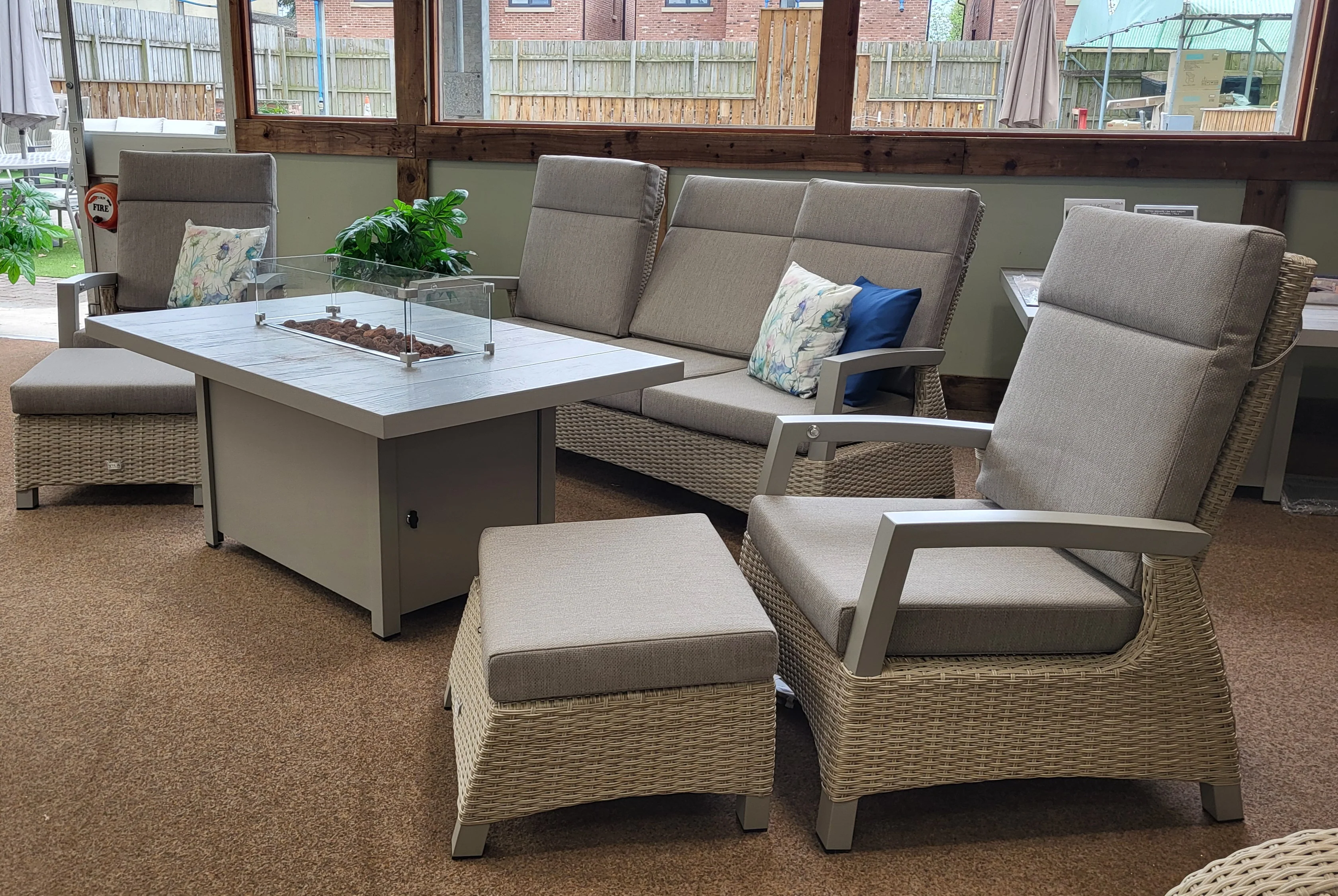 Kendal Outdoor Reclining Lounge Set with Firepit in Natural | Vila - NTC Homes, Inc.