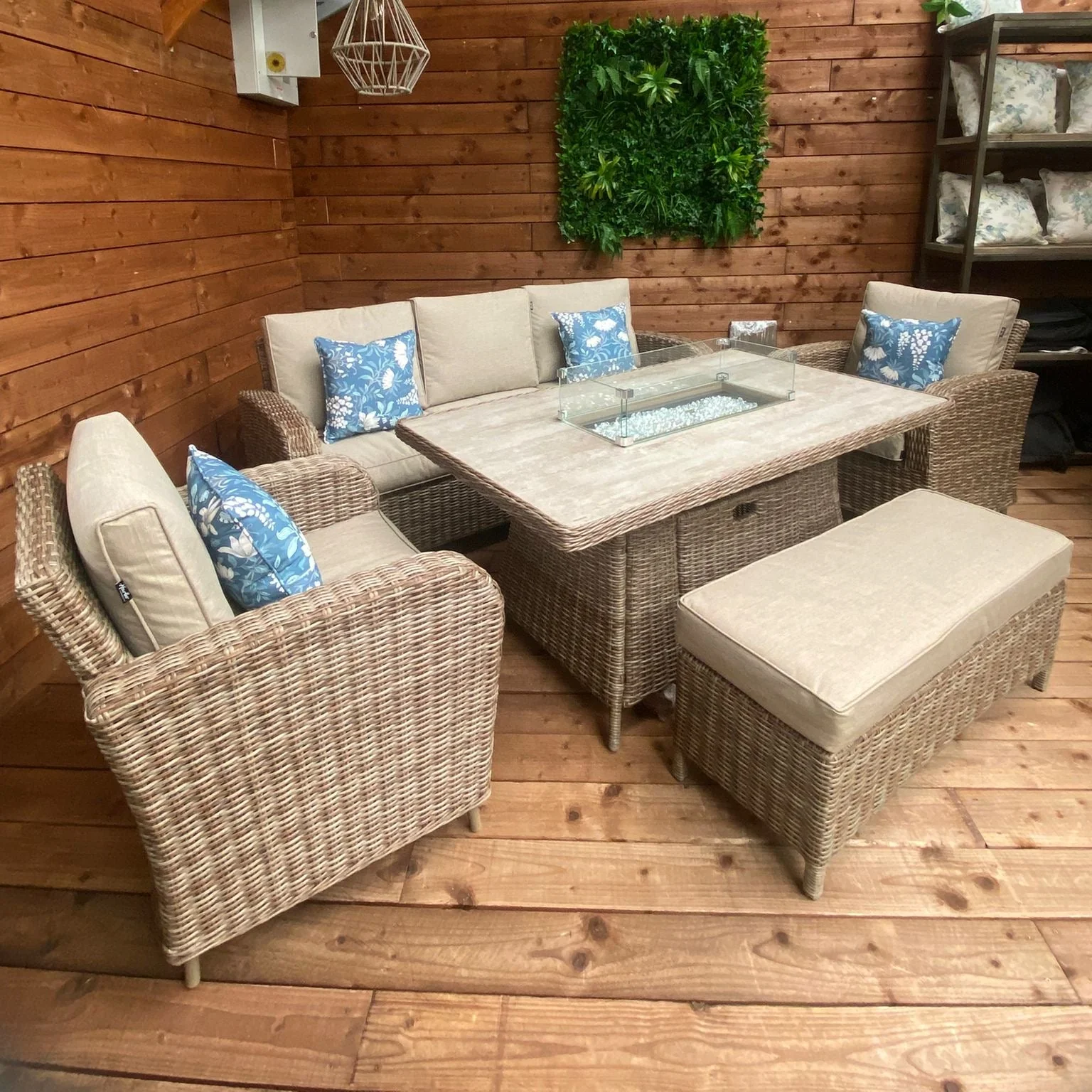 Cotswold Outdoor Lounge Set with Firepit in Heather Beige | Harbo - NTC Homes, Inc.