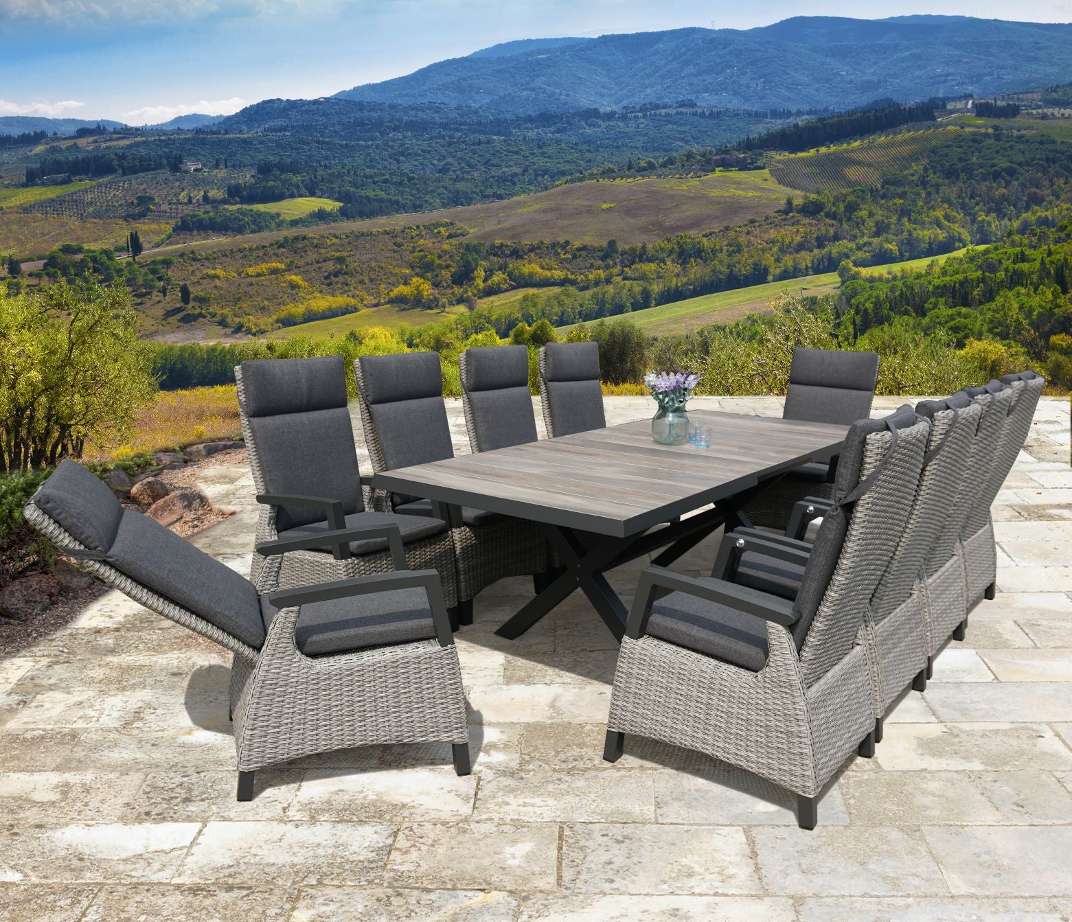 Outdoor Dining 10 Seat Reclining and Extending in Grey - Kendal By Vila - NTC Homes, Inc.