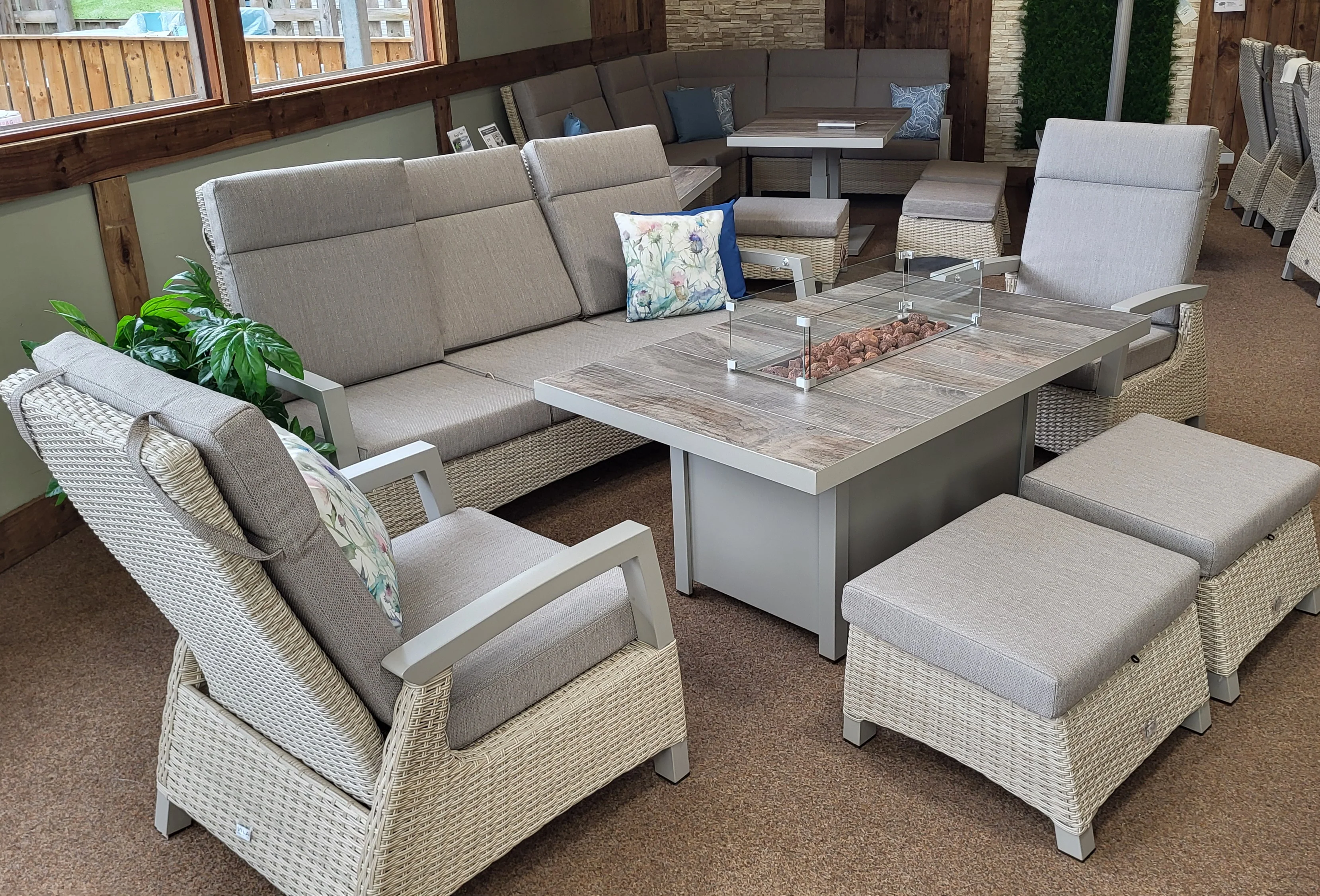 Kendal Outdoor Reclining Lounge Set with Firepit in Natural | Vila - NTC Homes, Inc.