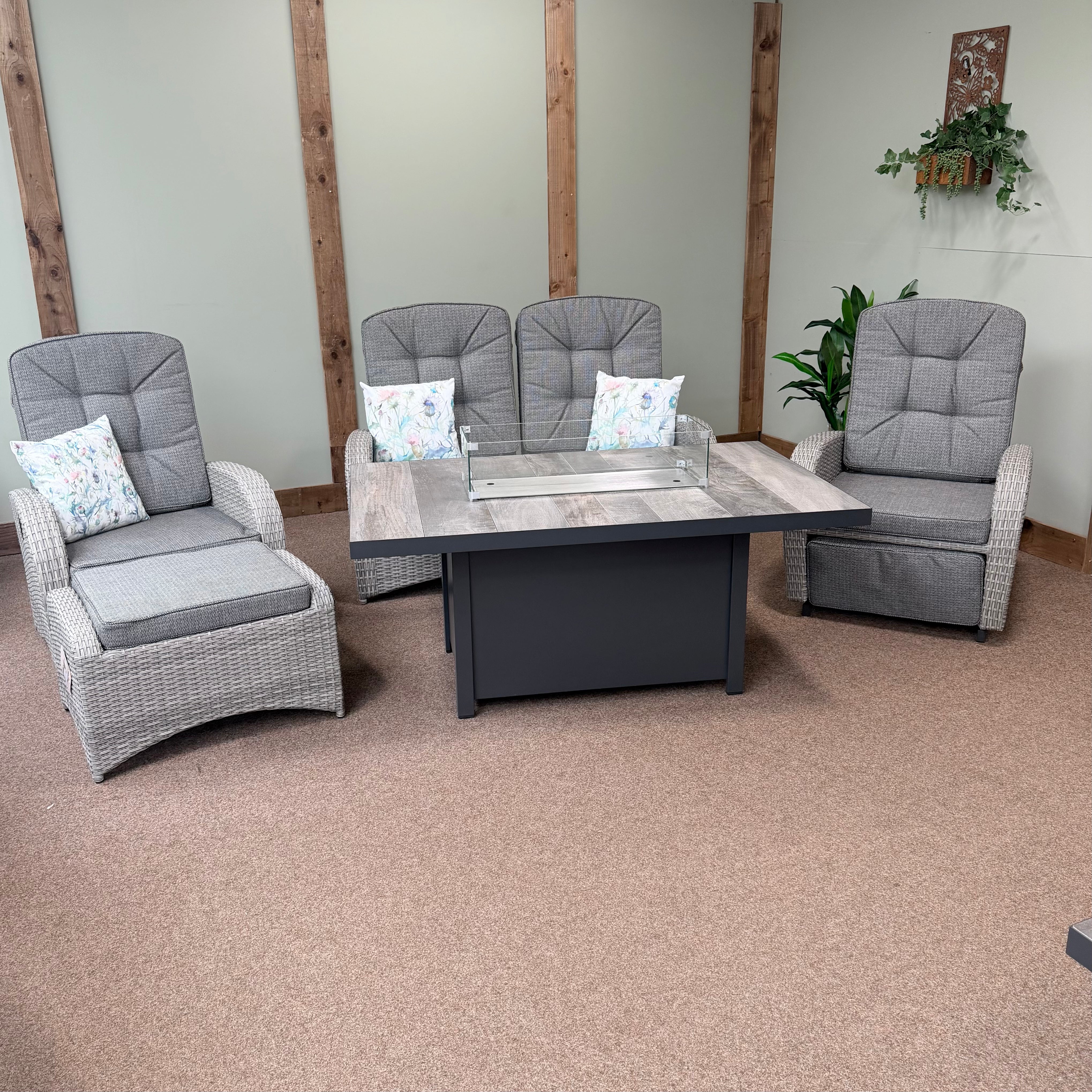 Rocking & Reclining Lounge Set with Firepit in Grey | Bowness By Vila - NTC Homes, Inc.