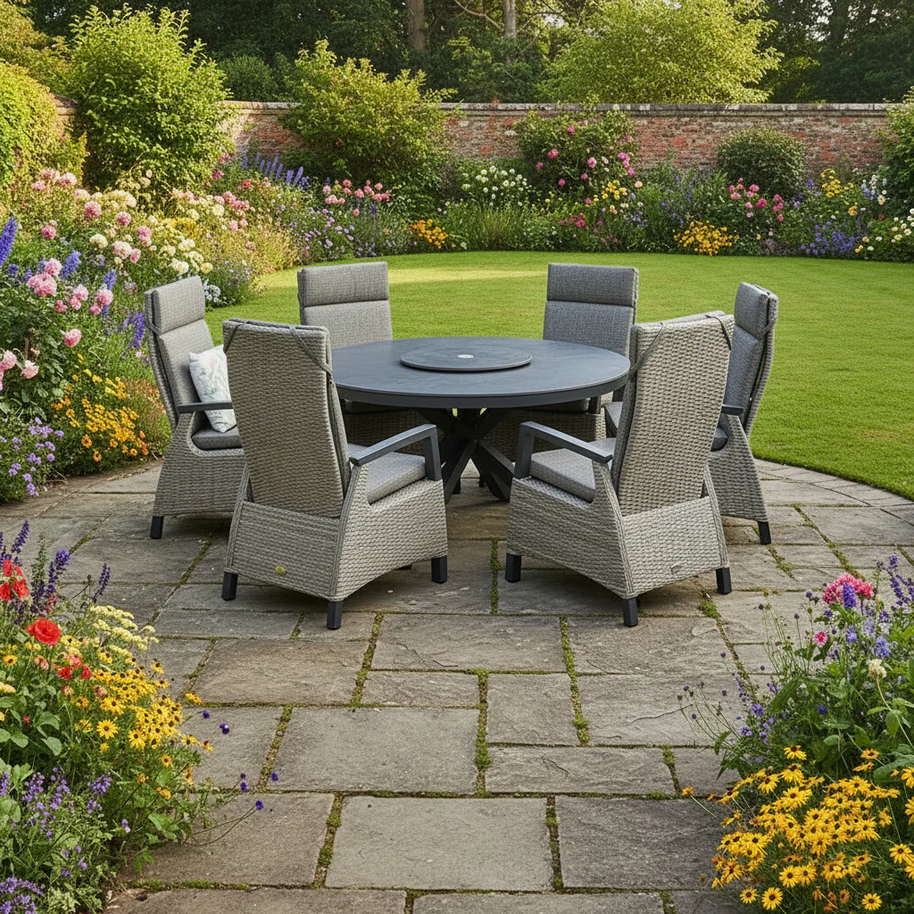 Kendal 6 Seat 150cm Sintered Stone Round Dining - Grey with All Weather Cushions in Pewter | Vila - NTC Homes, Inc.