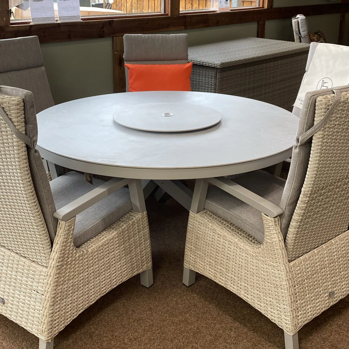 Kendal 6 Seat 150cm Sintered Stone Round Dining - Natural with All Weather Cushions in Ecru | Vila - NTC Homes, Inc.