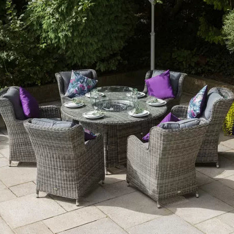 Seville 6 Seat Dining Round Fire Pit Set in Grey | Katie Blake (Free Cover) - NTC Homes, Inc.