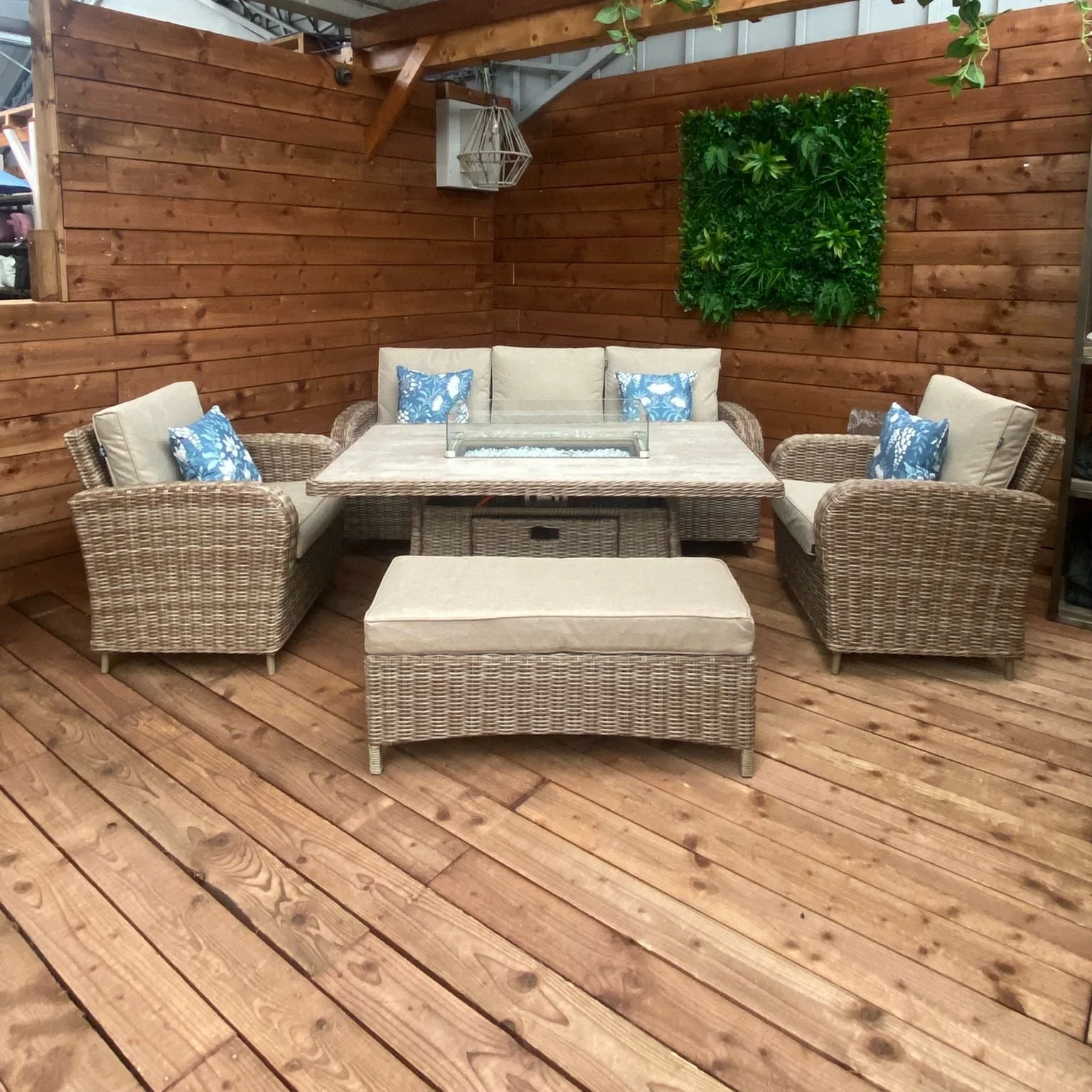 Cotswold Outdoor Lounge Set with Firepit in Heather Beige | Harbo - NTC Homes, Inc.