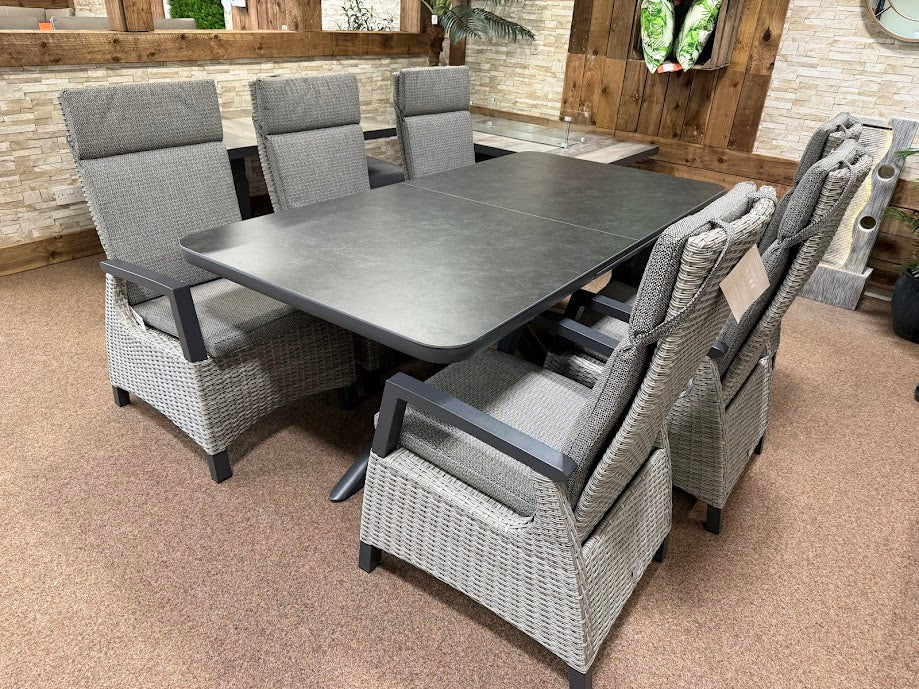 Kendal 6 Seat Extending Sintered Stone Dining - Grey with All Weather Cushions in Pewter | Vila - NTC Homes, Inc.