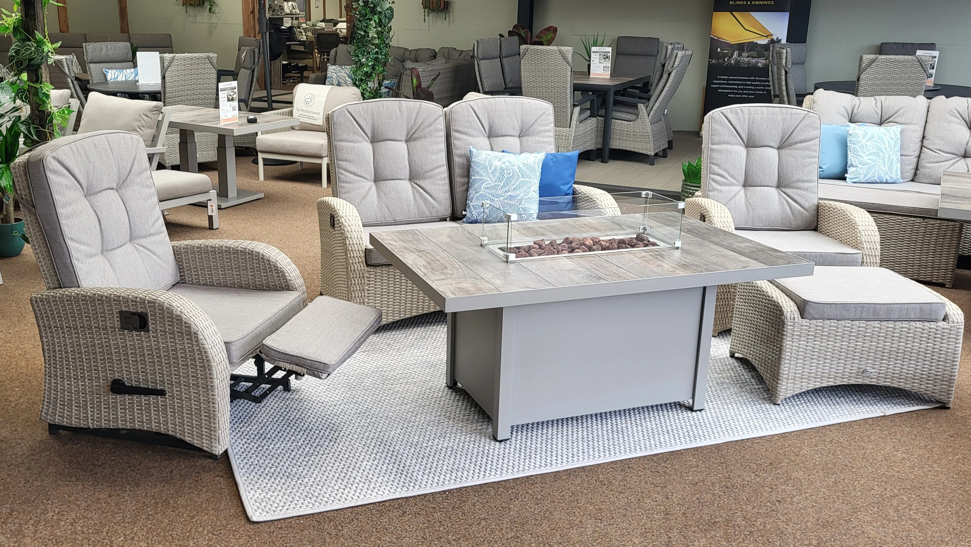 Rocking & Reclining Lounge Set with Firepit Table in Natural | Bowness By Vila - NTC Homes, Inc.