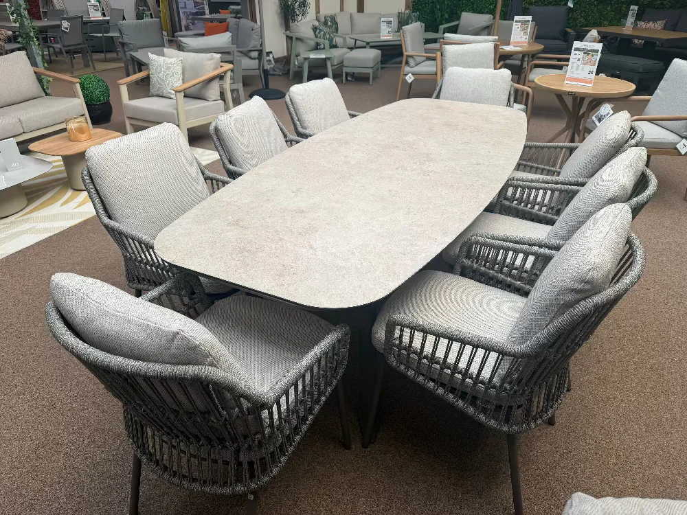 Alicante 8 Seat Dining Set with Manolo Barrell Table in Terre | 4 Seasons Outdoor - NTC Homes, Inc.