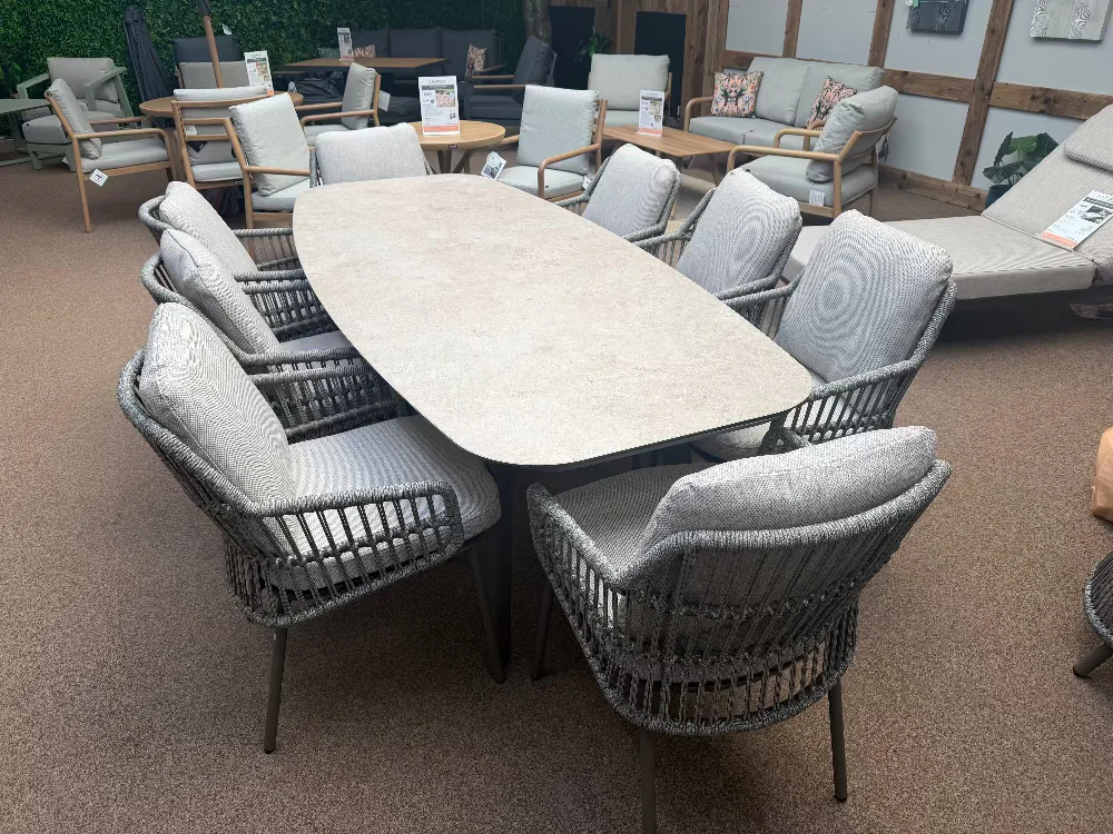 Alicante 8 Seat Dining Set with Manolo Barrell Table in Terre | 4 Seasons Outdoor - NTC Homes, Inc.