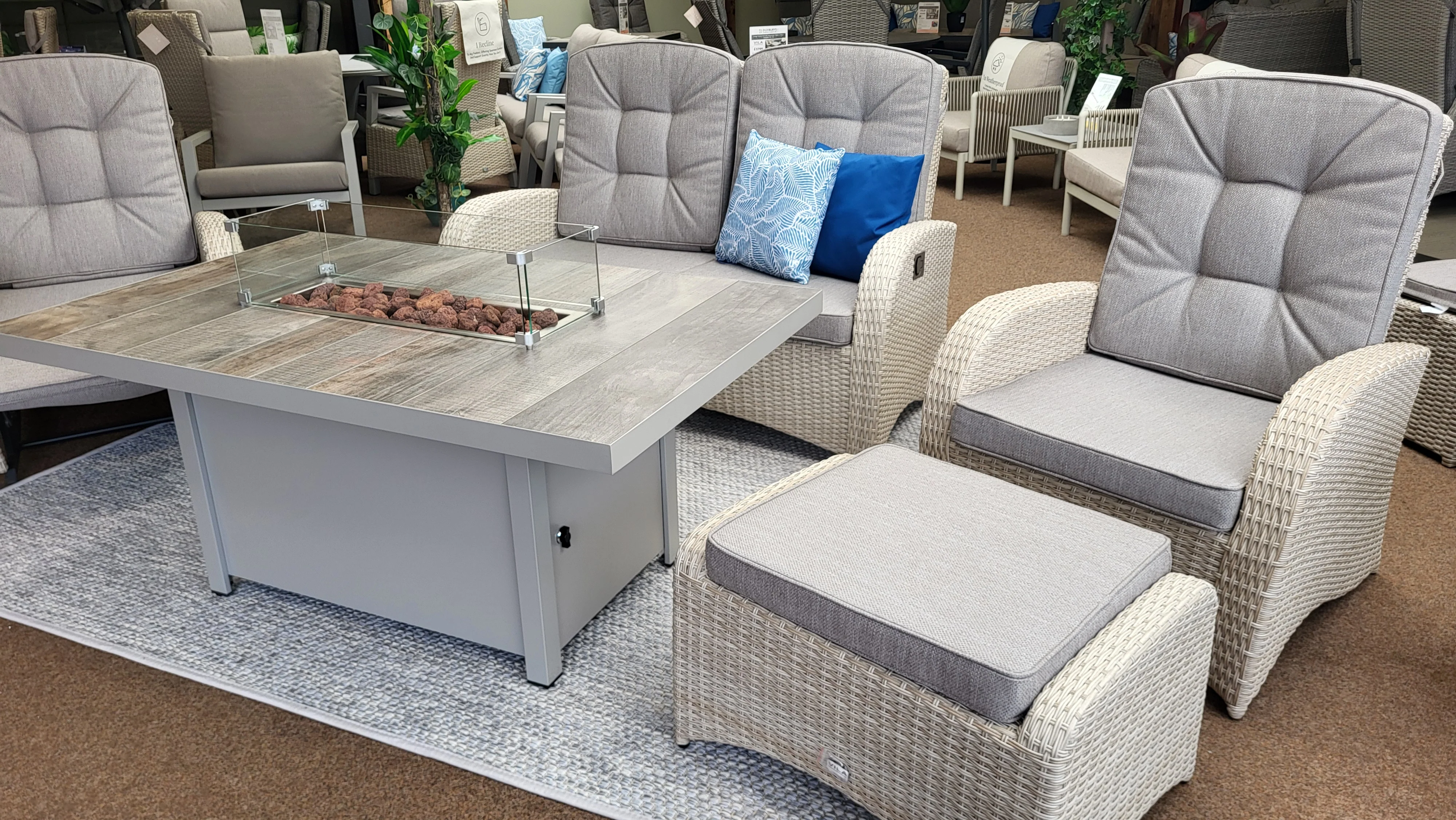 Rocking & Reclining Lounge Set with Firepit Table in Natural | Bowness By Vila - NTC Homes, Inc.