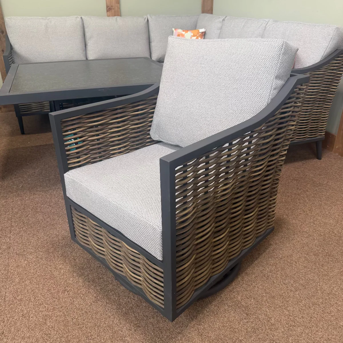 Langley Outdoor Corner with Swivel Chairs - Cushions Aqua Clean Zuma Grey | Daro - NTC Homes, Inc.