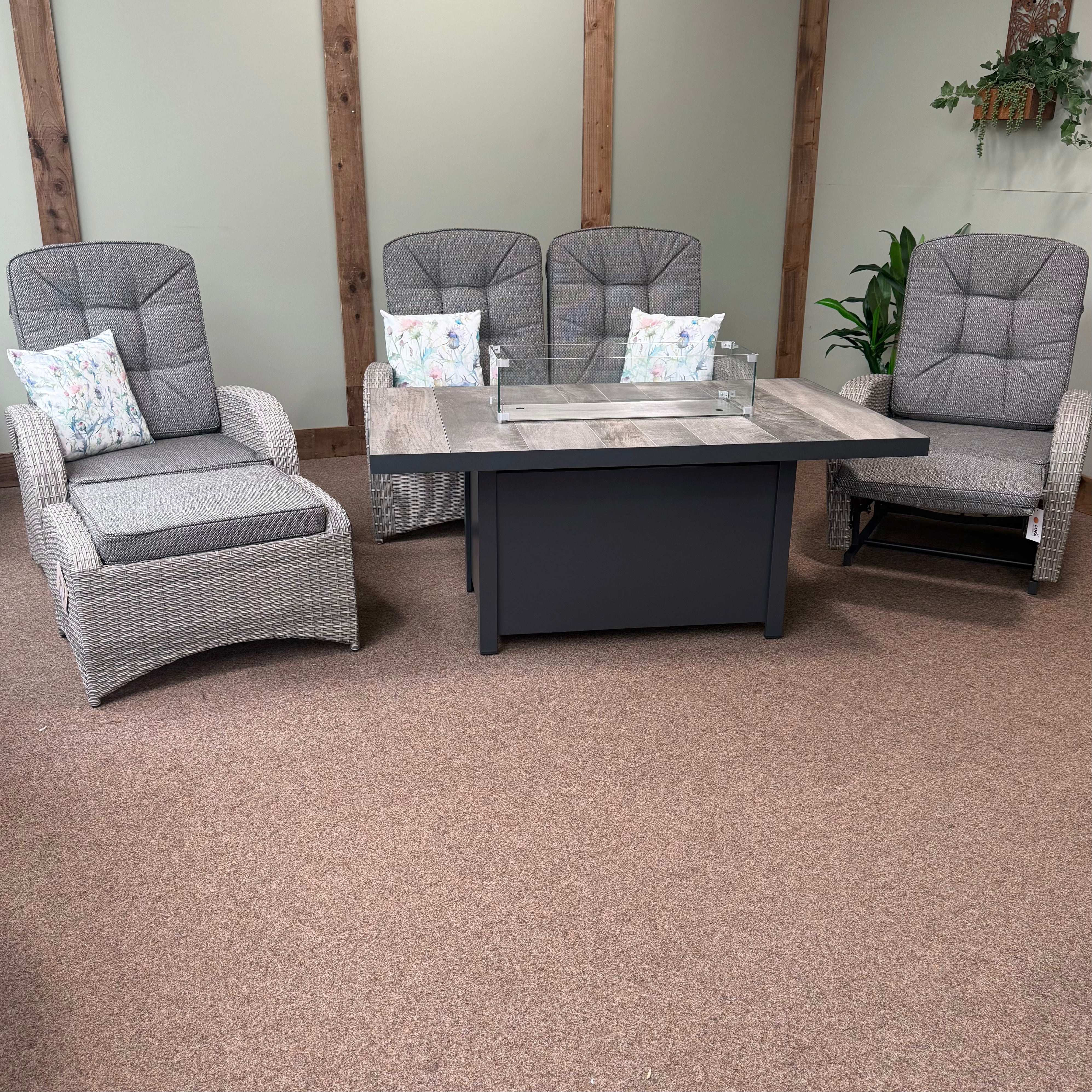 Rocking & Reclining Lounge Set with Firepit in Grey | Bowness By Vila - NTC Homes, Inc.