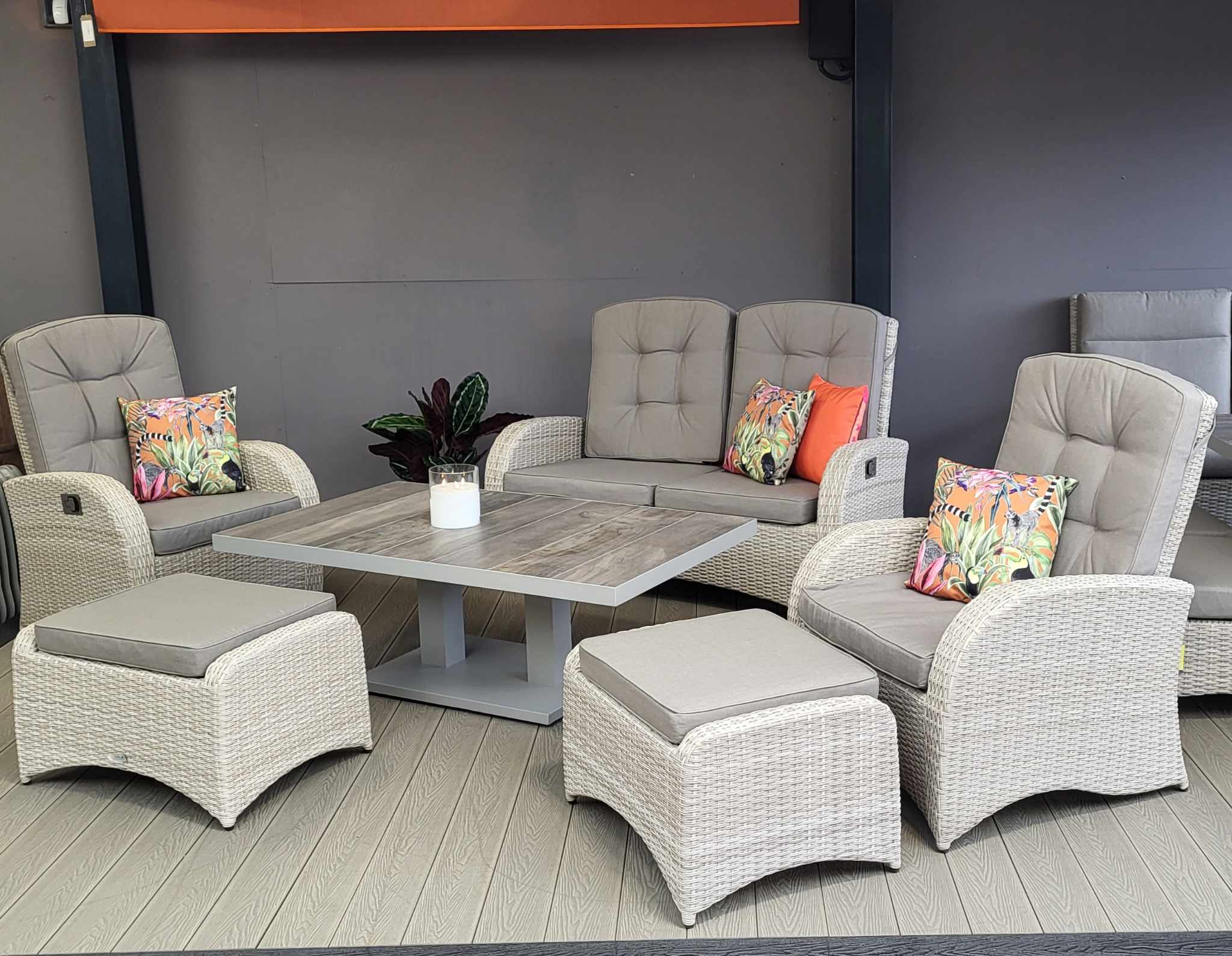 Reclining Lounge Set with Adjustable Kendal Table in Natural | Bowness By Vila - NTC Homes, Inc.