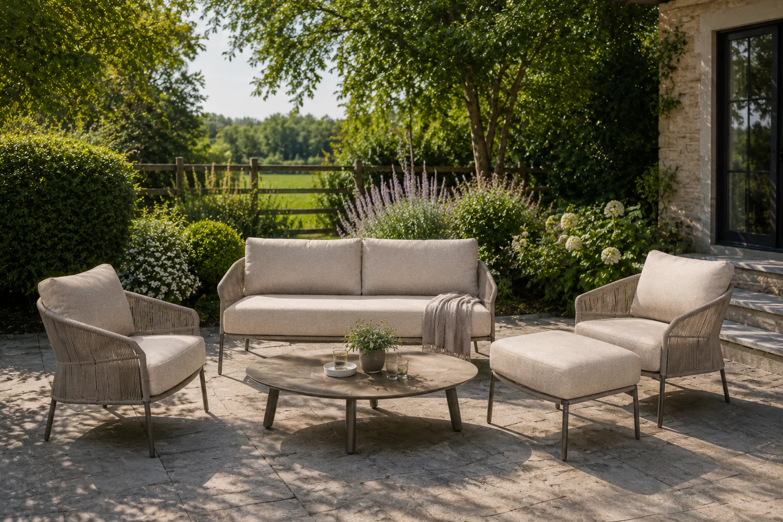 Florence Outdoor lounge set in Terre with ceramic coffee table | 4 Seasons Outdoor - NTC Homes, Inc.